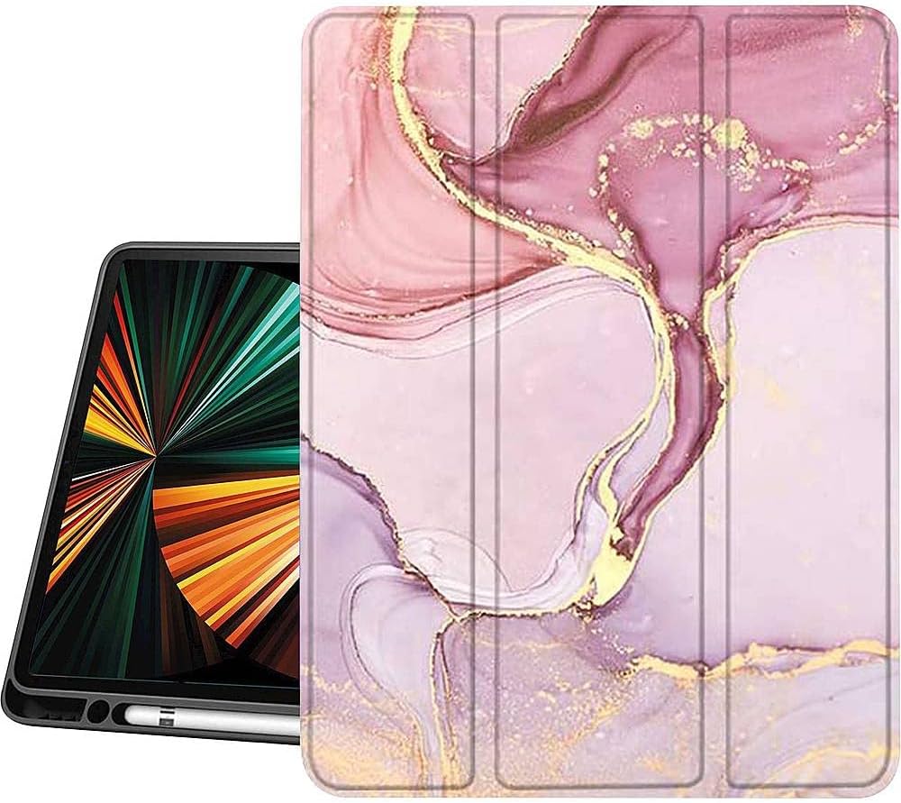Apple iPad Pro 12.9" (4th,5th, and 6th Gen 2020-2022) Protection Kit Bundle - Marble Series Folio Case with Tempered Glass Screen (Rose Gold)