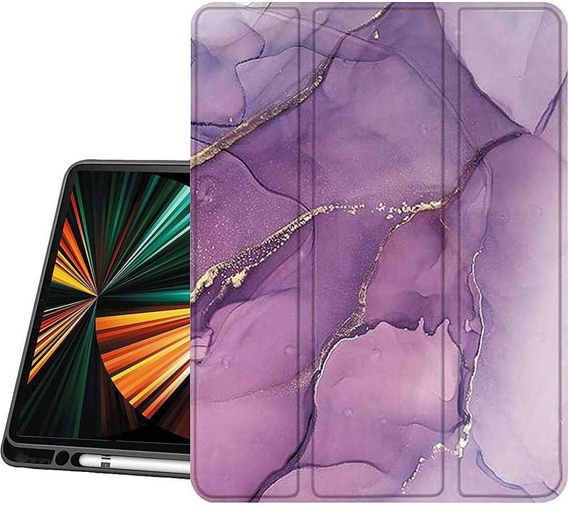 Apple iPad Pro 12.9" (4th,5th, and 6th Gen 2020-2022) Protection Kit Bundle - Marble Series Folio Case with Tempered Glass Screen - Purple