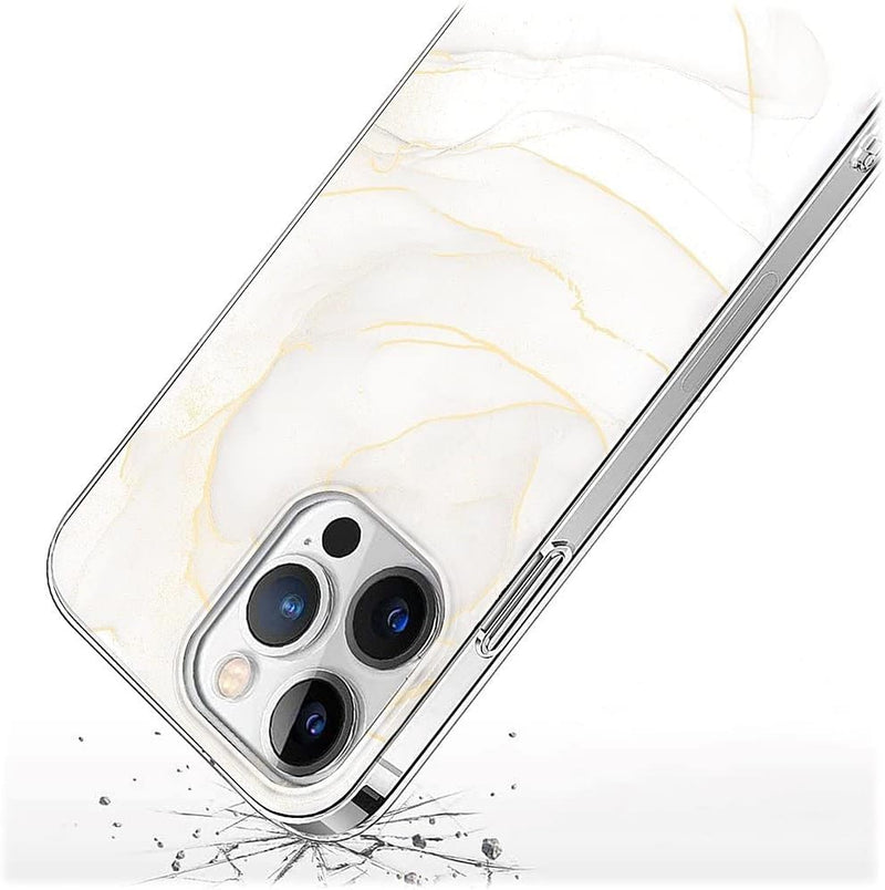 iPhone 14 Pro Max 6.7-inch Protection Kit Bundle - Marble Series Case with Tempered Glass Screen and Camera Protector (White Marble)