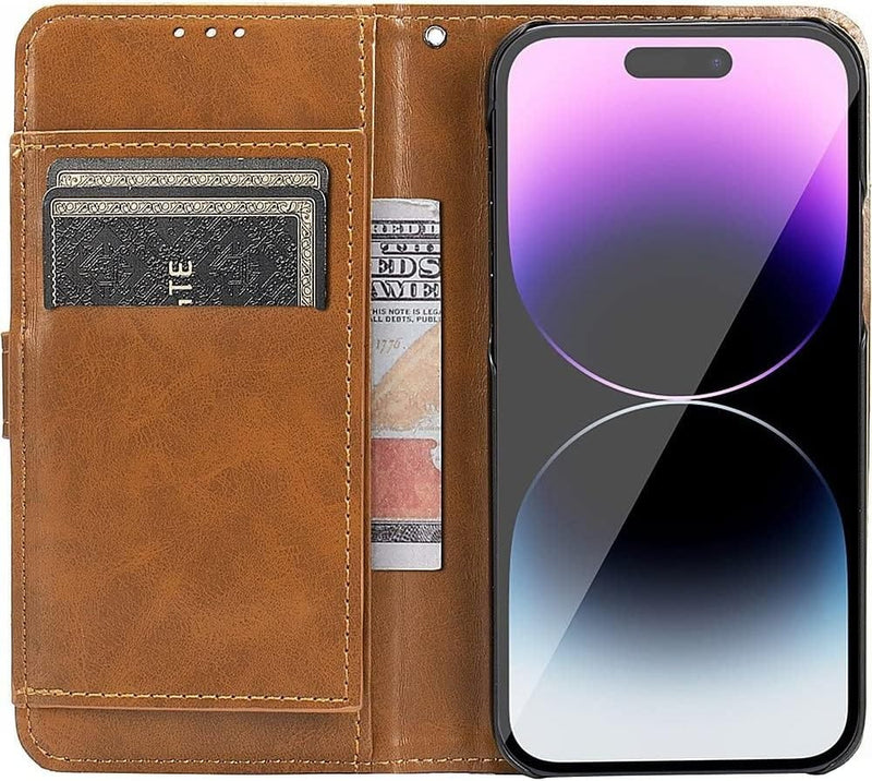 iPhone 14 Pro 6.1-inch Protection Kit Bundle - Folio Wallet Case with Tempered Glass Screen and Camera Protector (Brown)