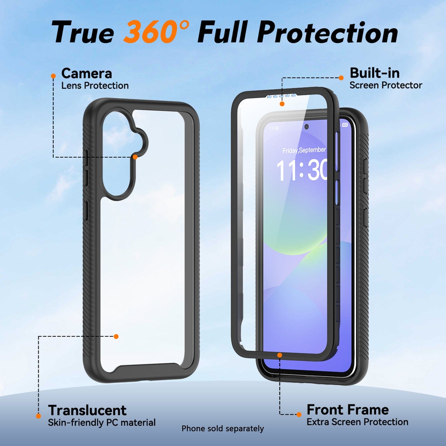 Phone case with screen protector and camera lens protection on a blue background