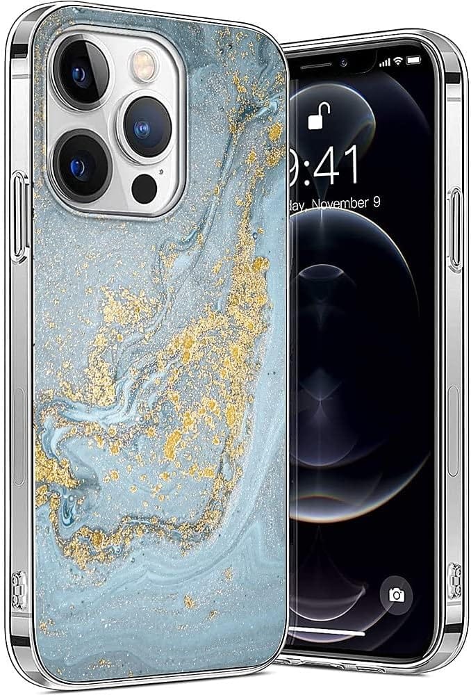 iPhone 14 Pro Max 6.7-inch Protection Kit Bundle - Marble Series Case with Tempered Glass Screen and Camera Protector (Blue Marble)