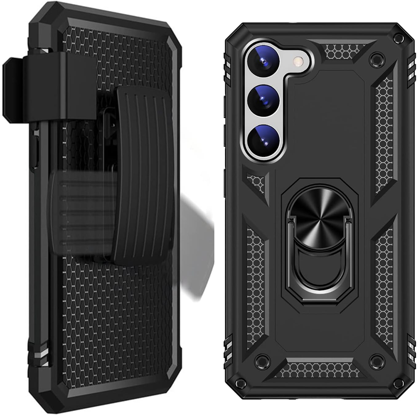 Samsung Galaxy S23 Protection Kit Bundle - Military Kickstand Series with Belt Clip Case with Tempered Glass Screen and Camera Protector - Black