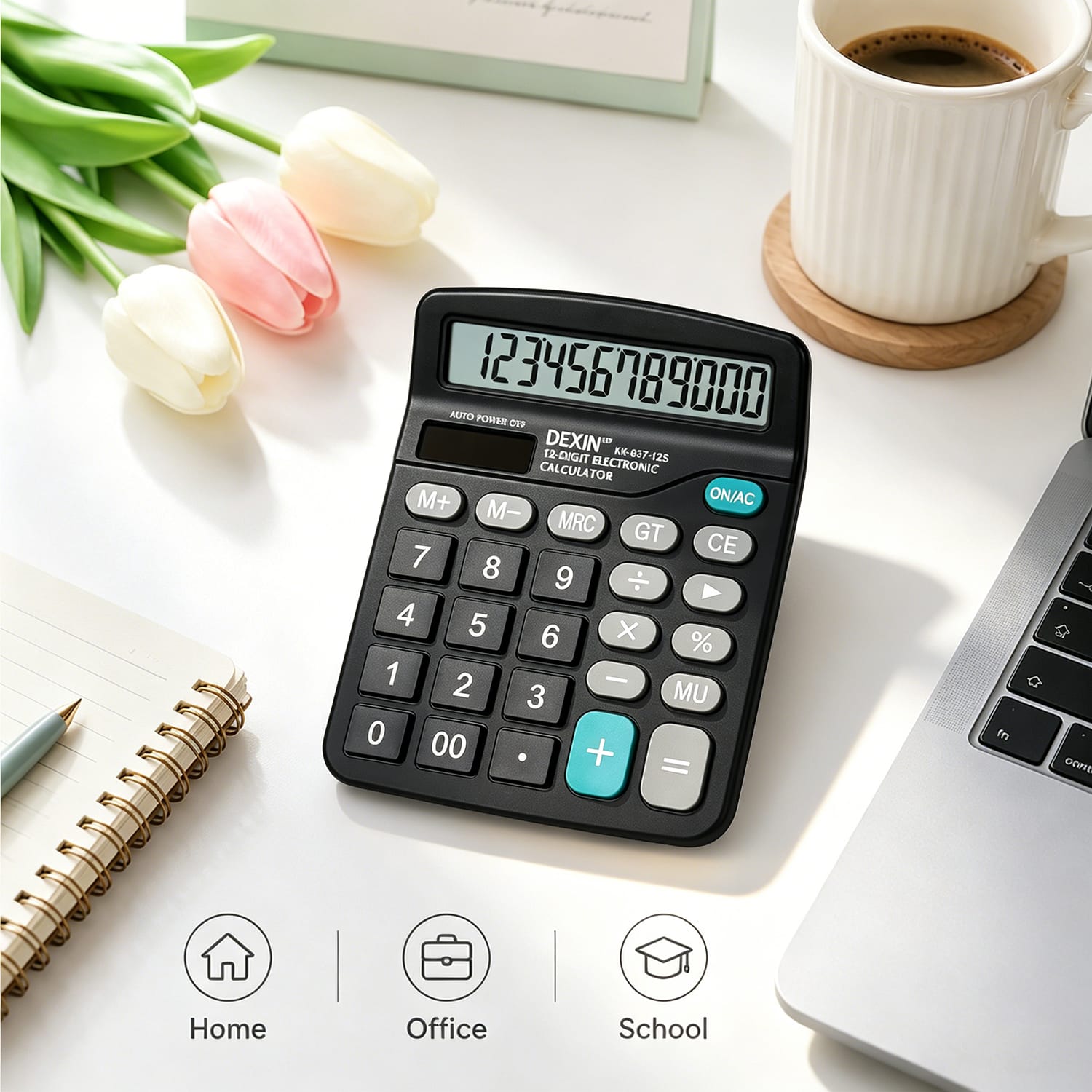 12-Digit Desktop Calculator - Dual Power Solar & Battery