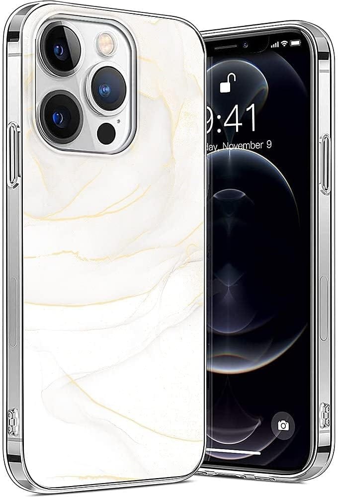 iPhone 14 Pro Max 6.7-inch Protection Kit Bundle - Marble Series Case with Tempered Glass Screen and Camera Protector (White Marble)