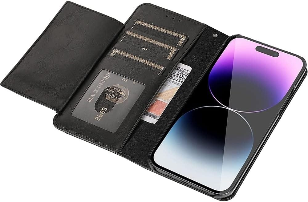 iPhone 14 Pro 6.1-inch Protection Kit Bundle - Folio Wallet Case with Tempered Glass Screen and Camera Protector (Black)
