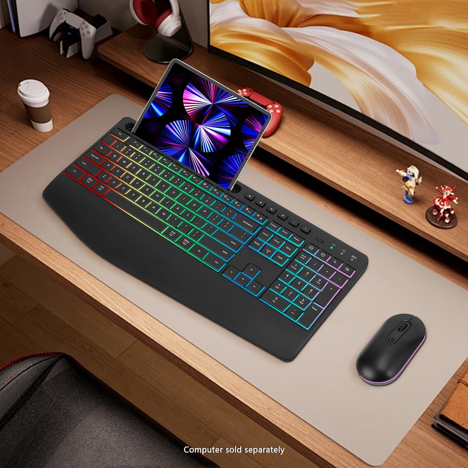 Rechargeable Silent Wireless Keyboard & Mouse Combo - 106 Keys Ergonomic, RGB Backlight, Phone Holder