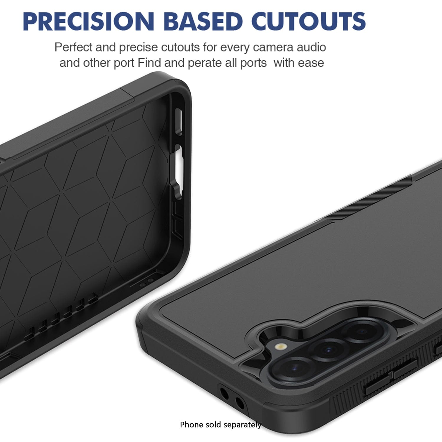 Black phone case with precision cutouts on a white background