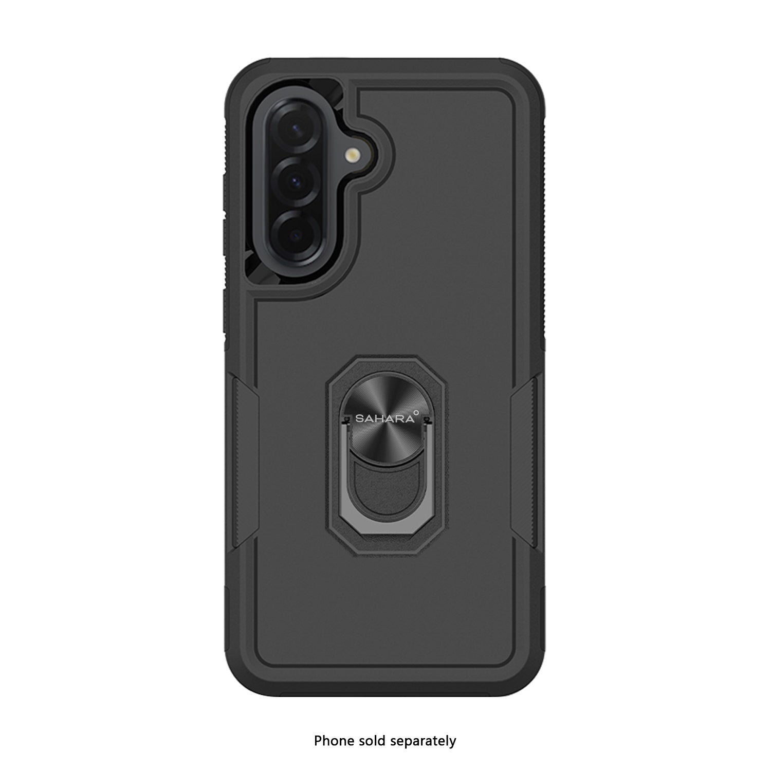 Black phone case with a ring holder on a white background