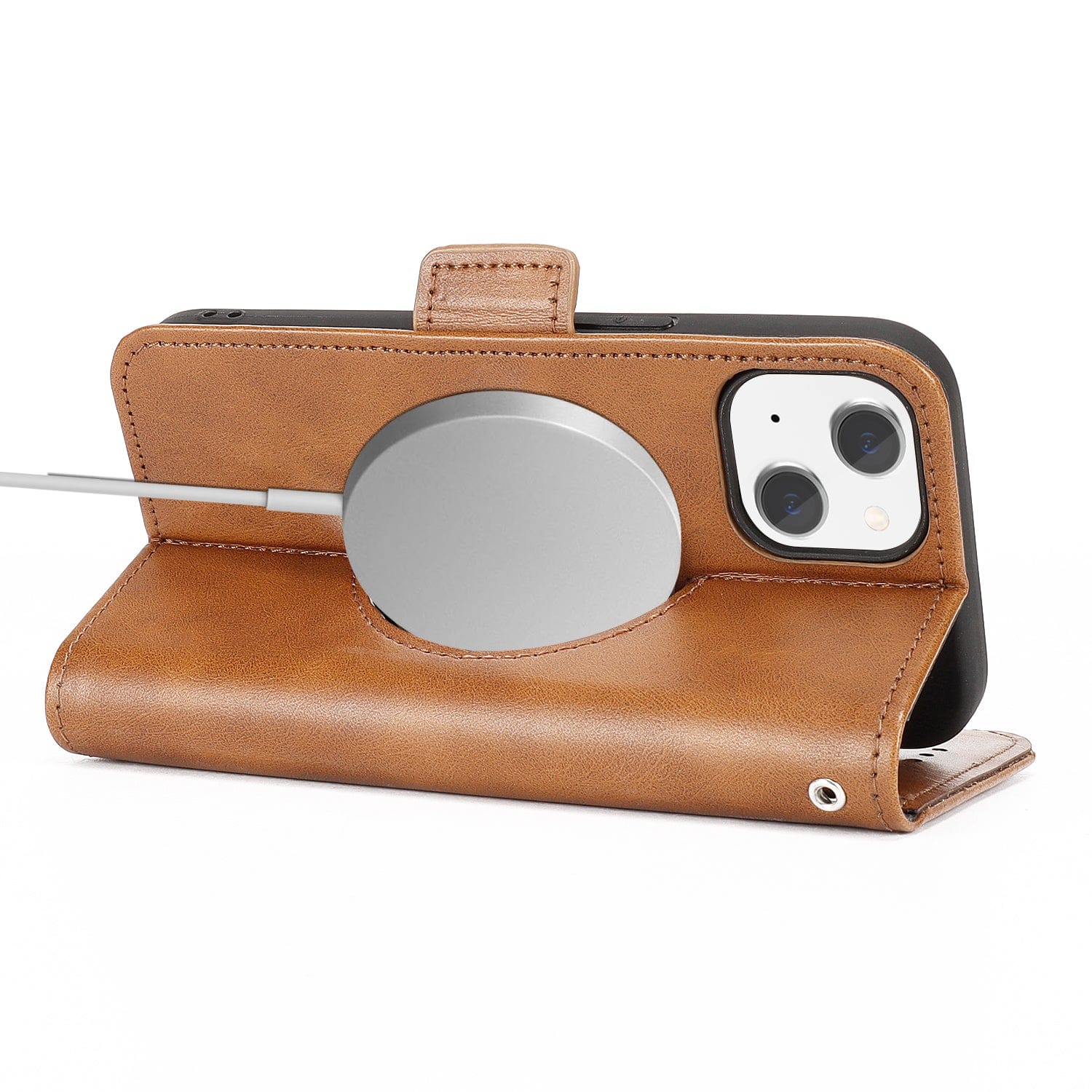 Genuine Leather Folio Wallet Case with MagSafe for Apple iPhone 15 - Brown