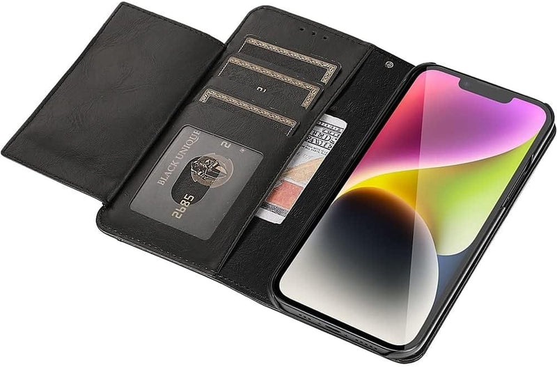 iPhone 14 Plus 6.7-Inch Protection Kit Bundle - Folio Wallet Case with Tempered Glass Screen and Camera Protector (Black)