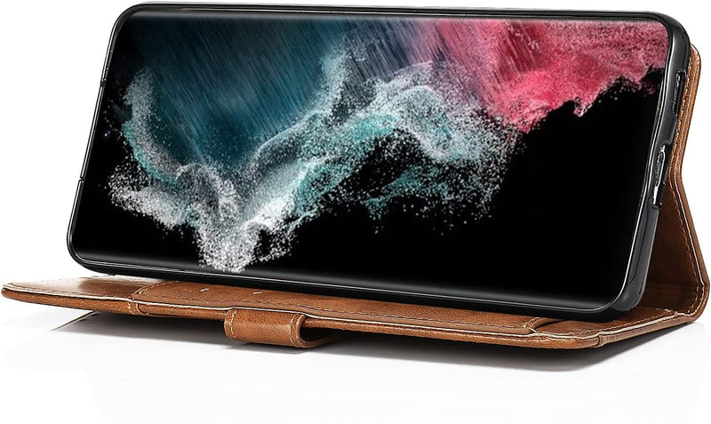 Samsung Galaxy S23 Protection Kit Bundle - Folio Wallet Case with Tempered Glass Screen and Camera Protector - Brown