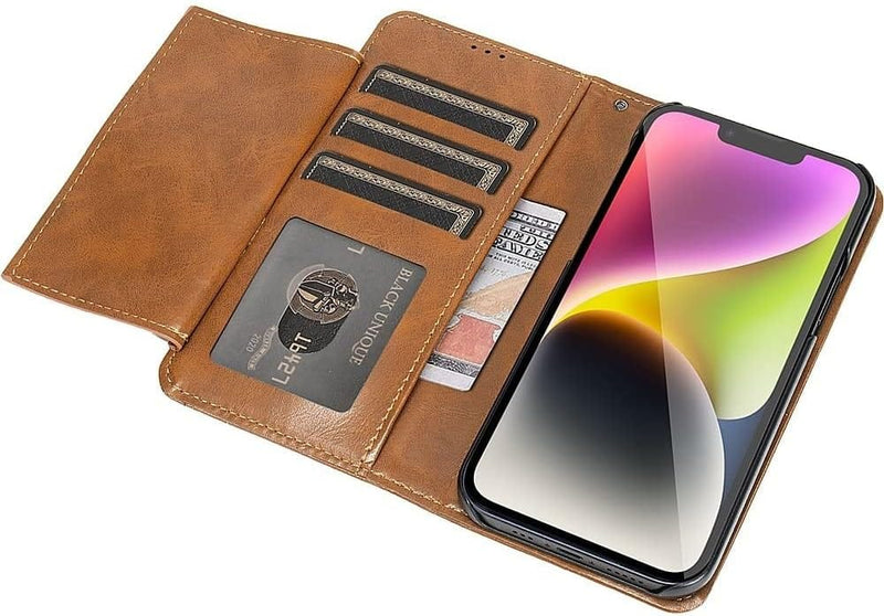 iPhone 14 Plus 6.7-Inch Protection Kit Bundle - Folio Wallet Case with Tempered Glass Screen and Camera Protector (Brown)
