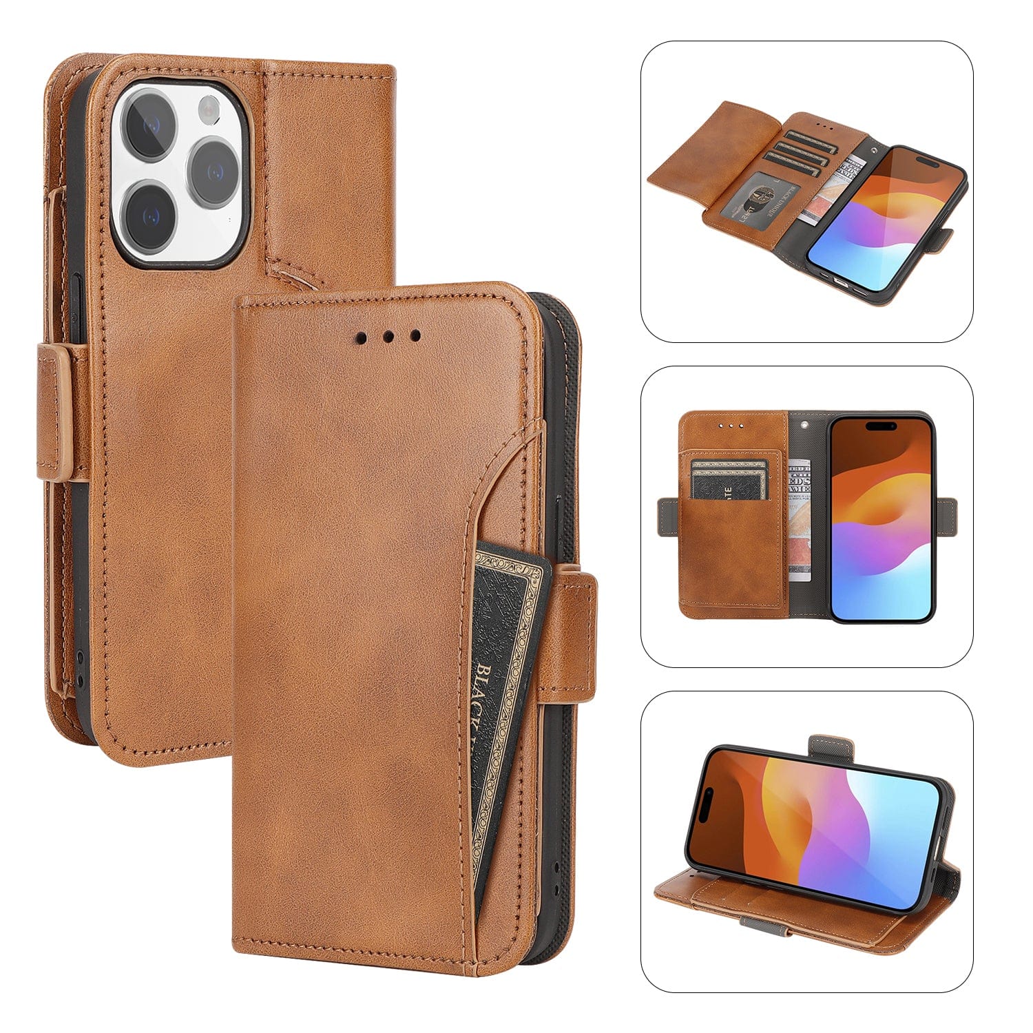Protection Kit Bundle - Genuine Leather Wallet Case with Tempered Glass Screen and Camera Protector for iPhone 15 Pro Max - Brownk