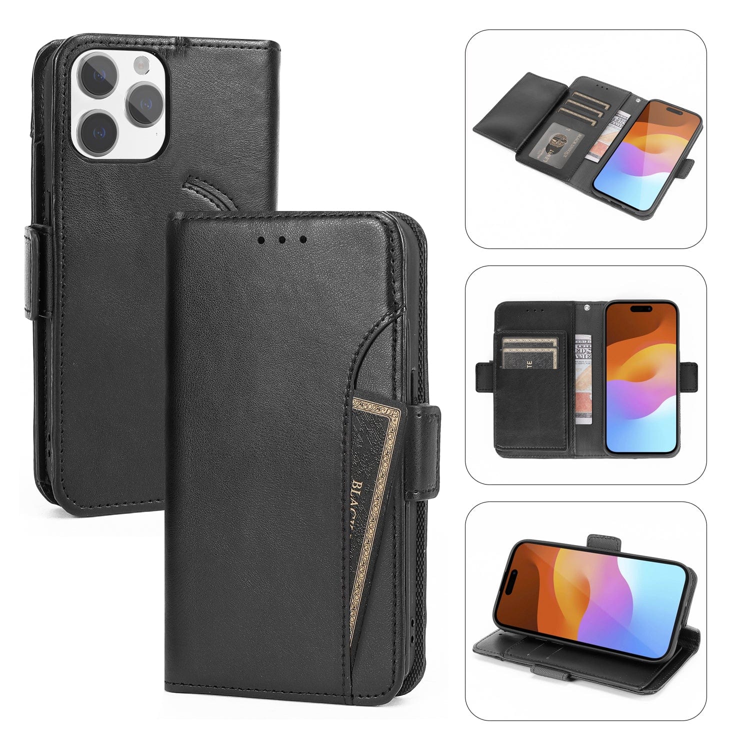 Genuine Leather Folio Wallet Case with MagSafe for iPhone 15 Pro Max - Black