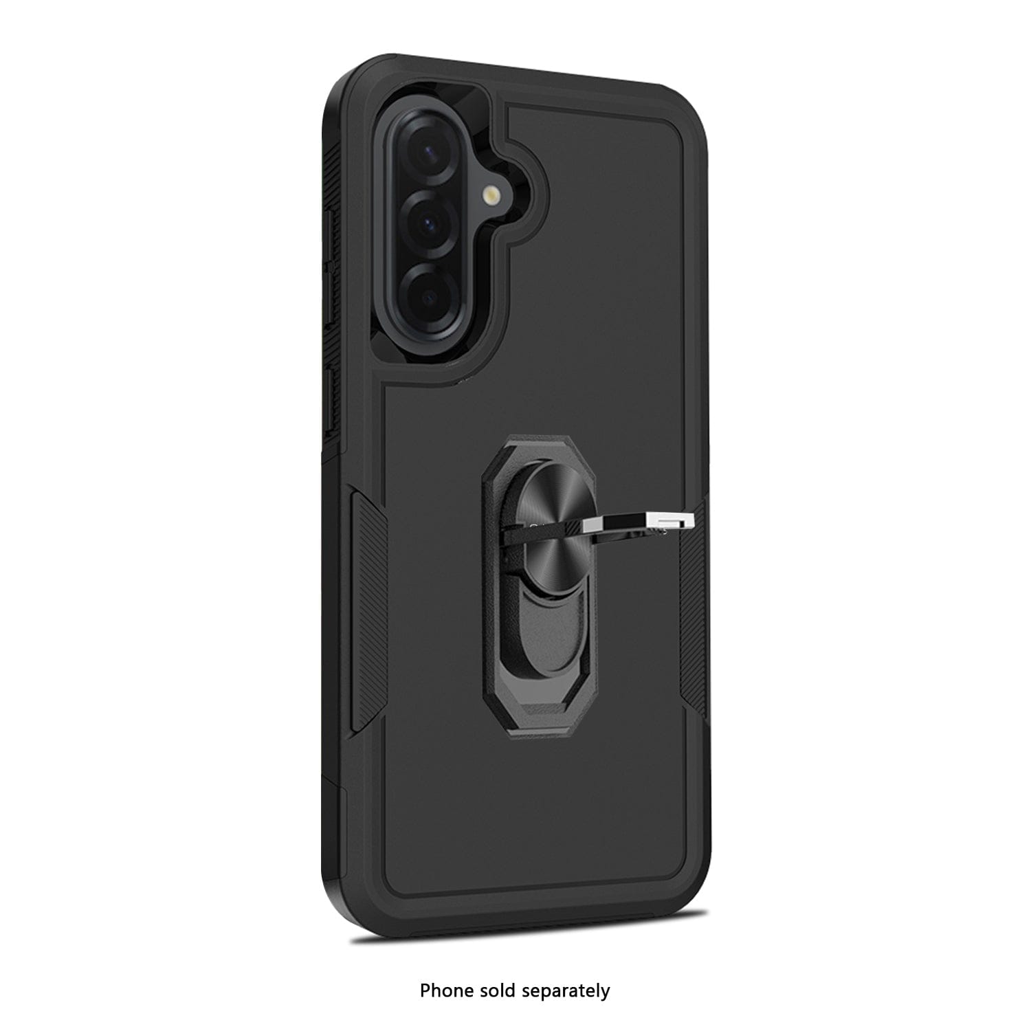 Black phone case with a magnetic ring holder on a white background