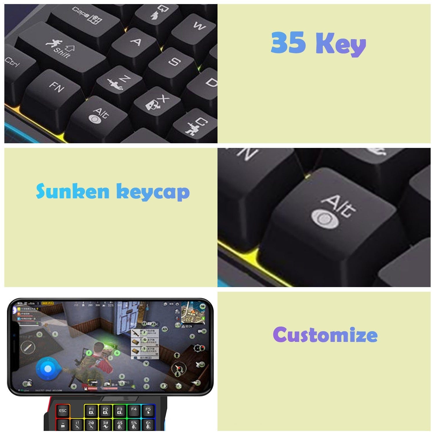 Ergonomic Wired Gaming Keyboard - LED Rainbow Backlight, 35-Key | Ultima Series