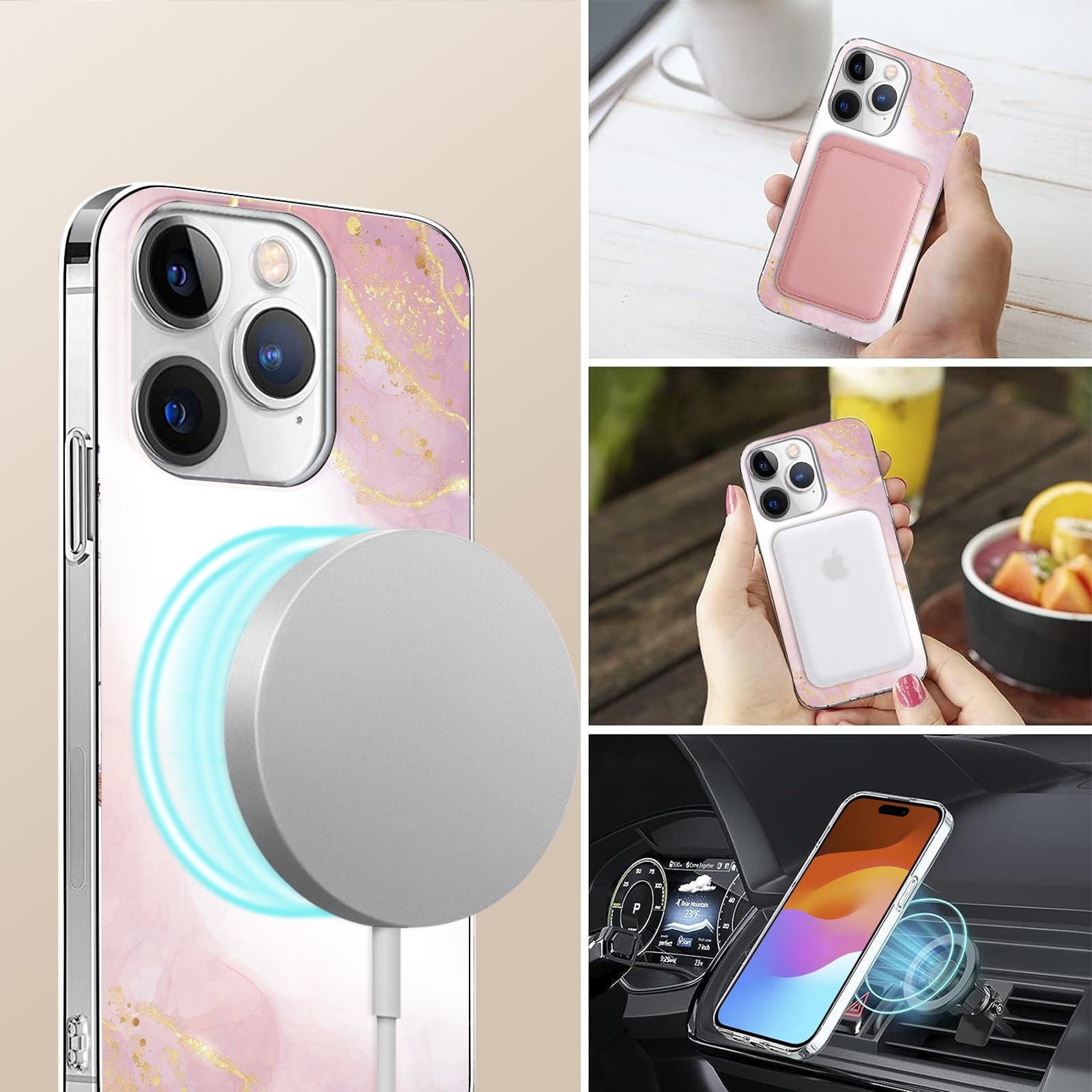 Protection Kit Bundle - Pink Marble Case with Tempered Glass Screen and Camera Protector for iPhone 15 Pro Max