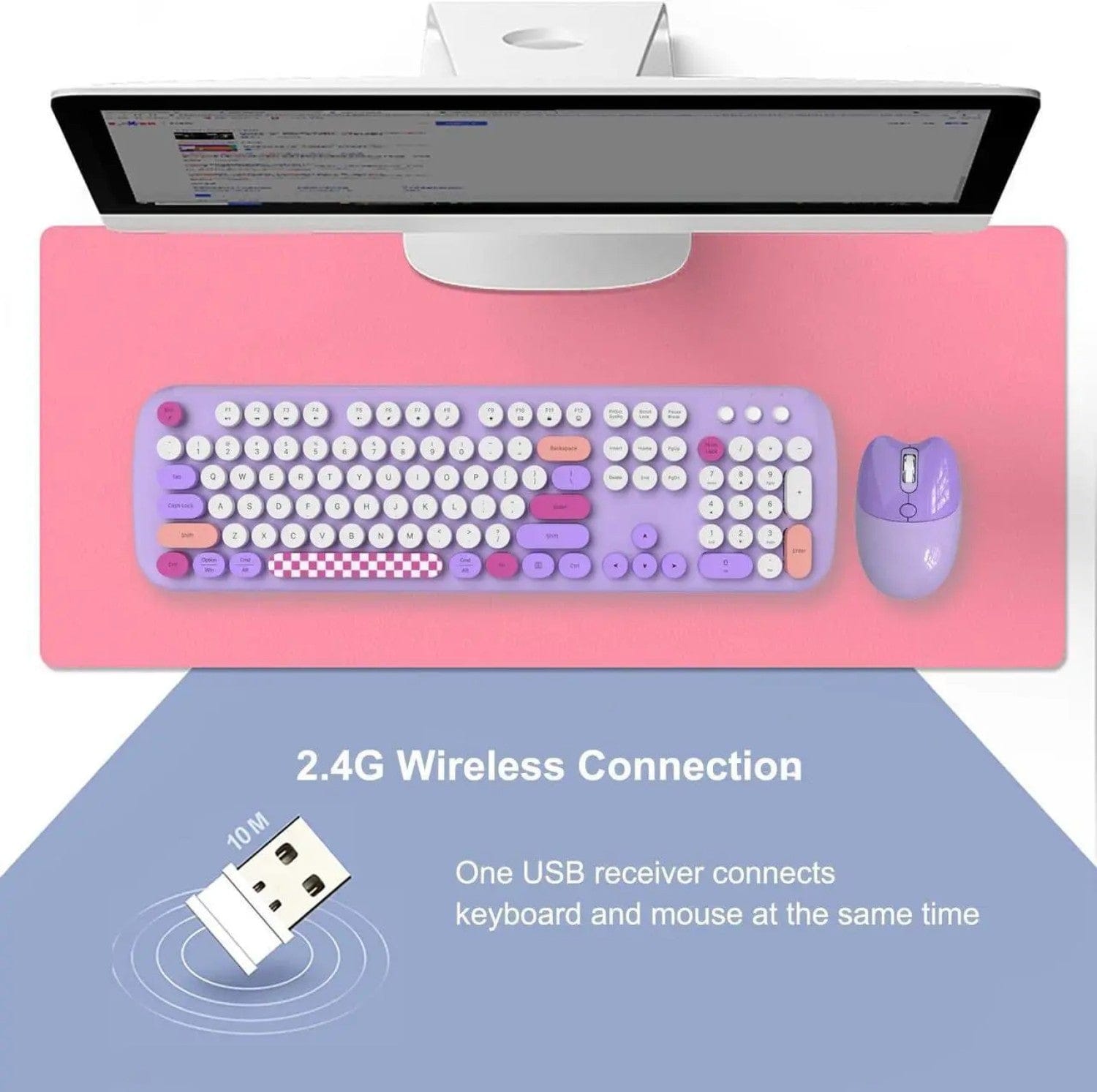 Wireless Keyboard & Mouse Combo - Silent Click, Colorful 104 Keys