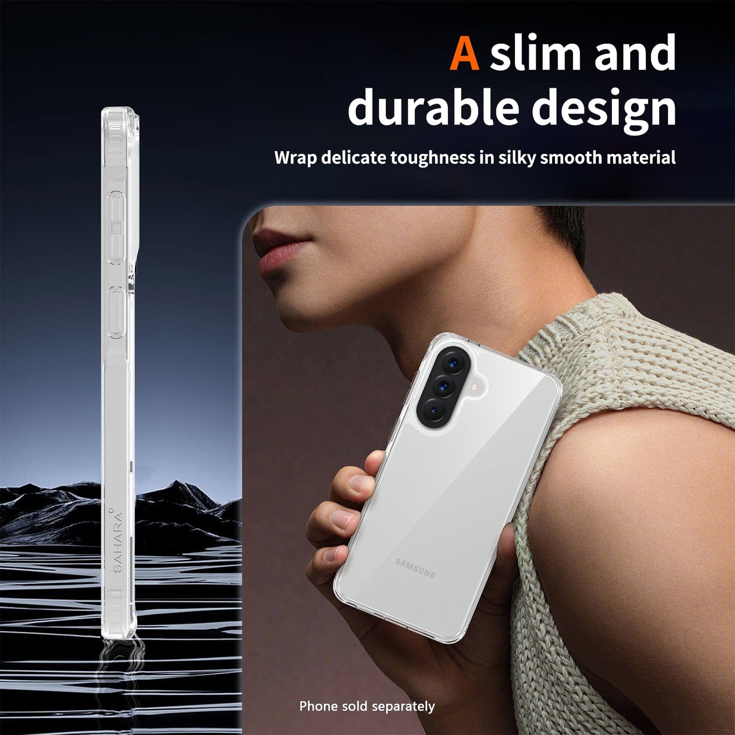 Samsung Galaxy A57 case with text 'A slim and durable design' and 'Wrap delicate toughness in silky smooth material'.
