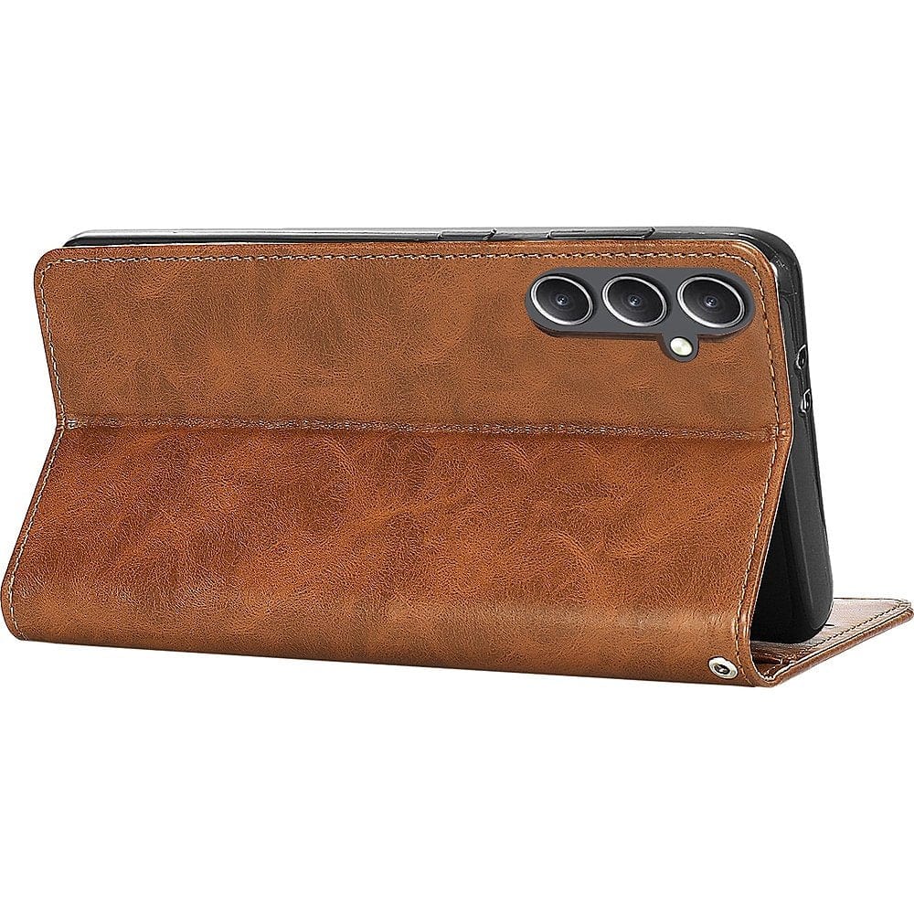 Genuine Leather Folio Wallet Case for Samsung Galaxy S23 FE - Brown