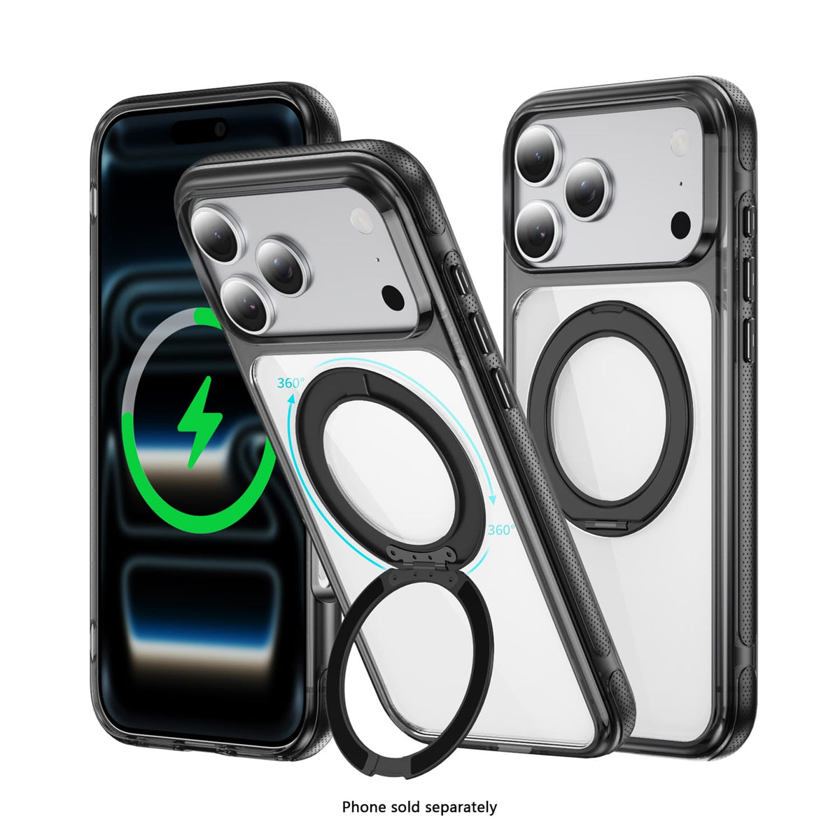 SAHARA Clear MagSafe case with 360° ring stand for iPhone 18 Pro in Black – product view