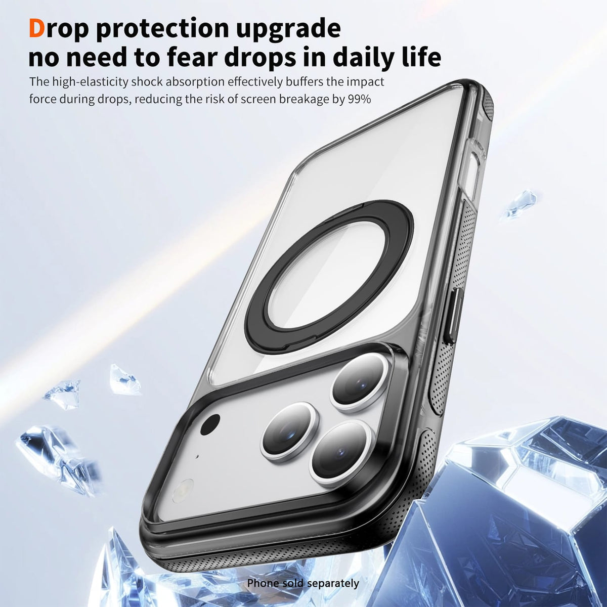 Clear MagSafe shockproof case with 360° ring stand for iPhone 18 Pro in Black, product view 3