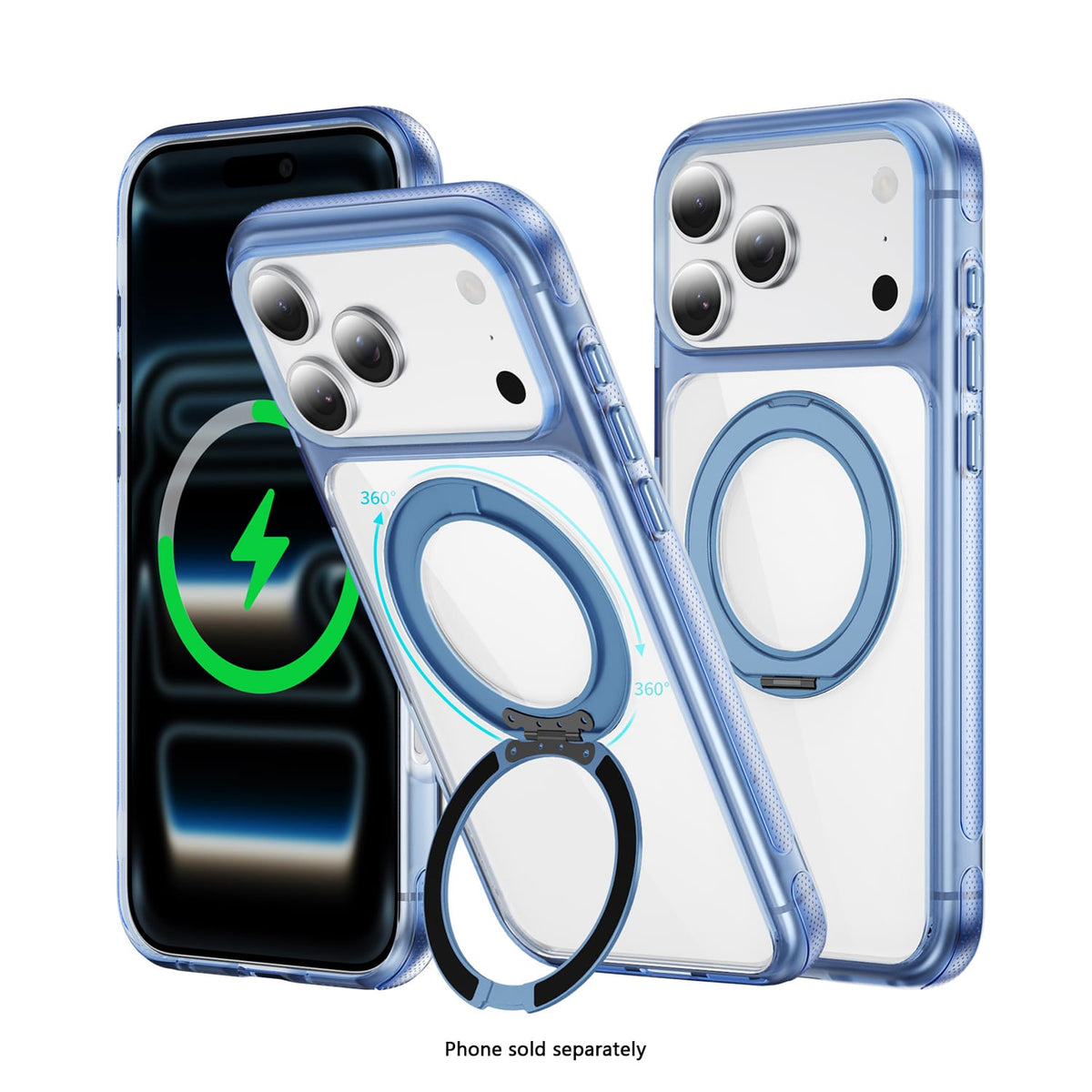 SAHARA Clear MagSafe case with 360° ring stand for iPhone 18 Pro in Light Blue – product view