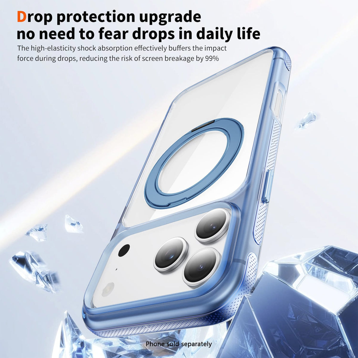 Clear MagSafe shockproof case with 360° ring stand for iPhone 18 Pro in Light Blue, product view 3