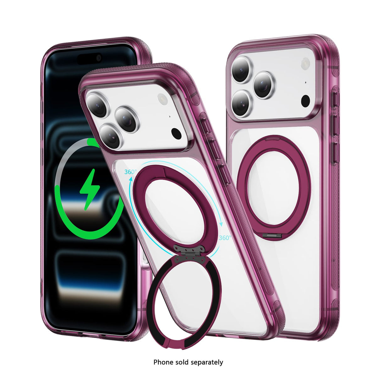 SAHARA Clear MagSafe case with 360° ring stand for iPhone 18 Pro in Dark Cherry – product view