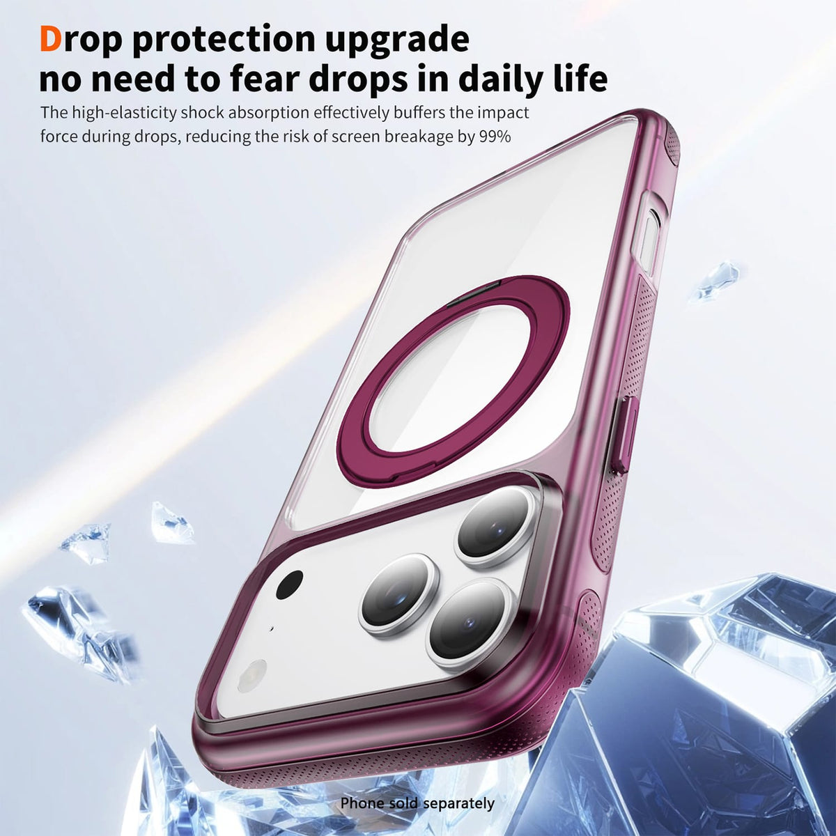Clear MagSafe shockproof case with 360° ring stand for iPhone 18 Pro in Dark Cherry, product view 3