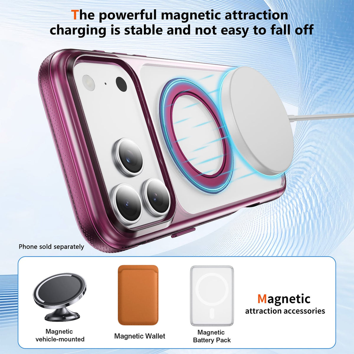Clear MagSafe shockproof case with 360° ring stand for iPhone 18 Pro in Dark Cherry, product view 5