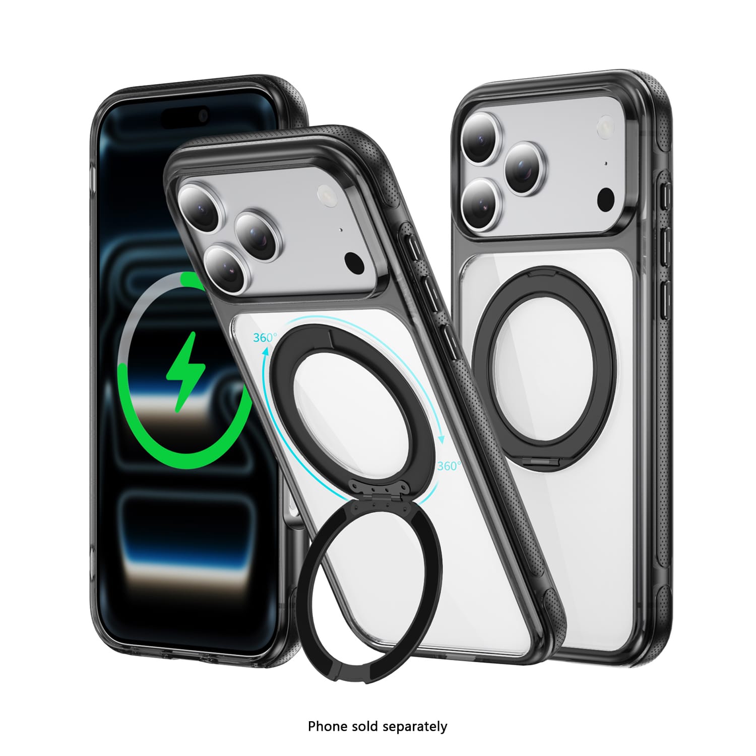 SAHARA Clear MagSafe case with 360° ring stand for iPhone 18 Pro Max in Black – product view