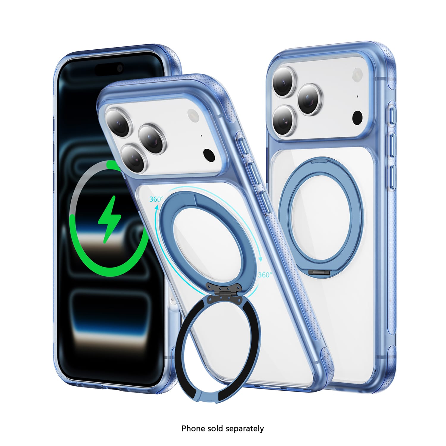 SAHARA Clear MagSafe case with 360° ring stand for iPhone 18 Pro Max in Light Blue – product view