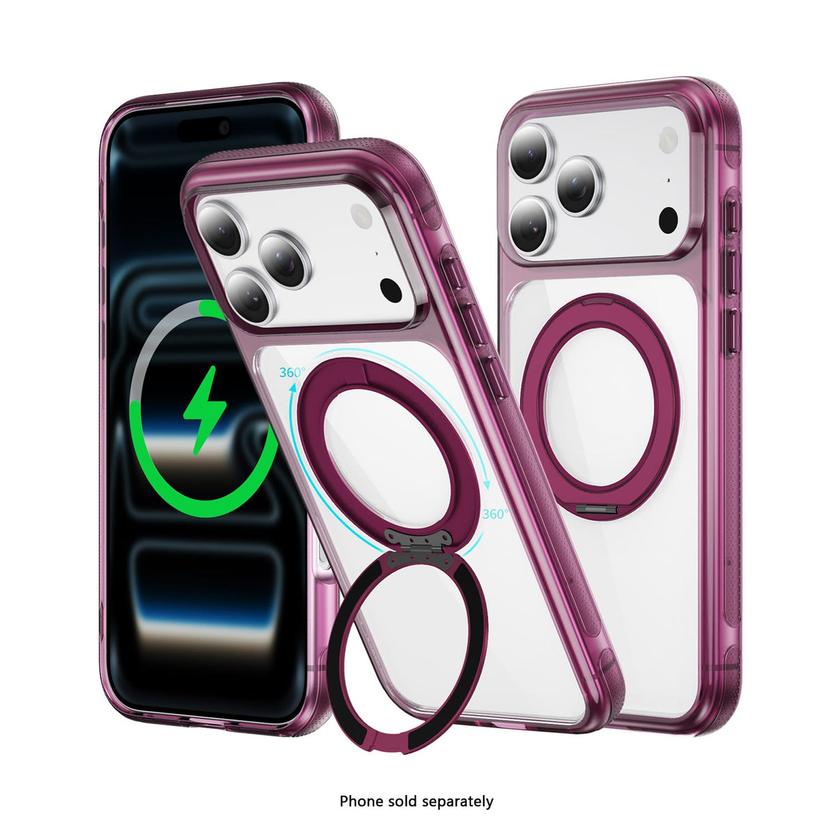 SAHARA Clear MagSafe case with 360° ring stand for iPhone 18 Pro Max in Dark Cherry – product view