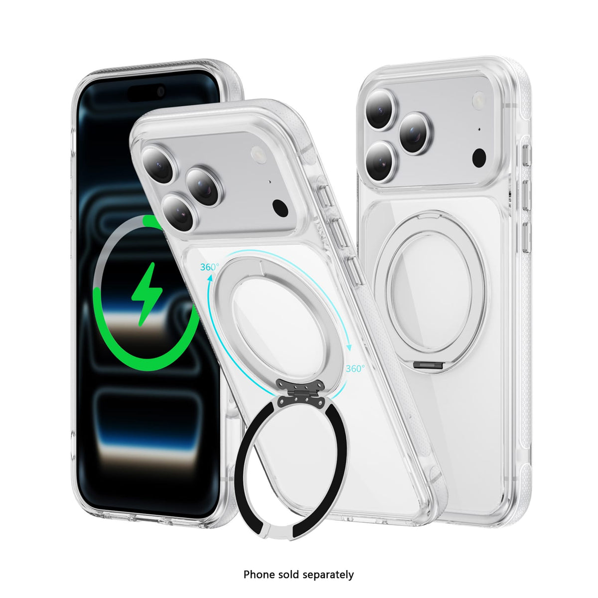 SAHARA Clear MagSafe case with 360° ring stand for iPhone 18 Pro Max in White – product view