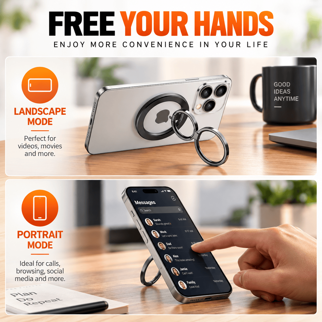 Double-sided magnetic ring grip and kickstand, lifestyle view 1