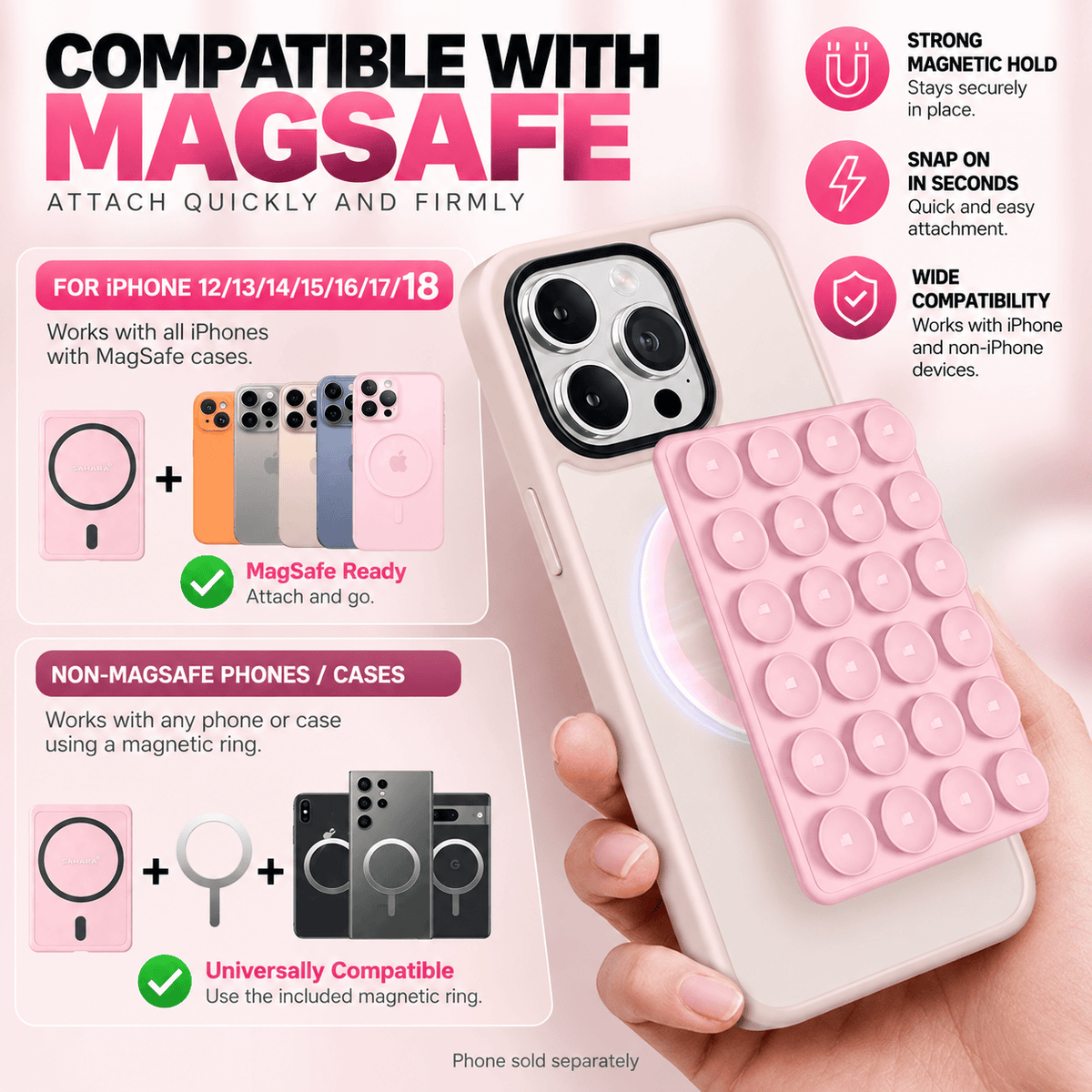 Pink MagSafe suction cup phone mount