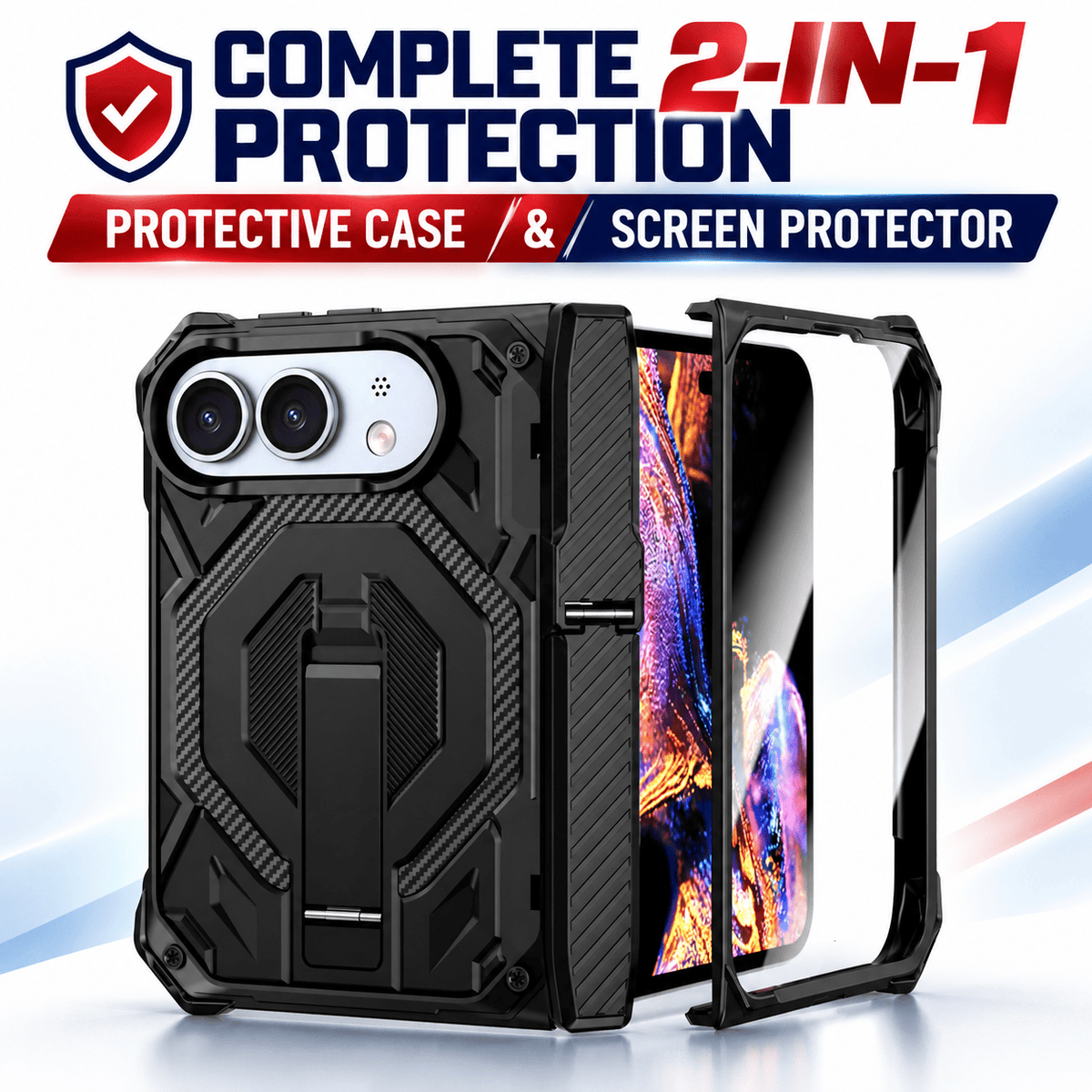 iPhone Duo Case with Screen Protector - Rugged Kickstand & Hinge Protection | Raider Series