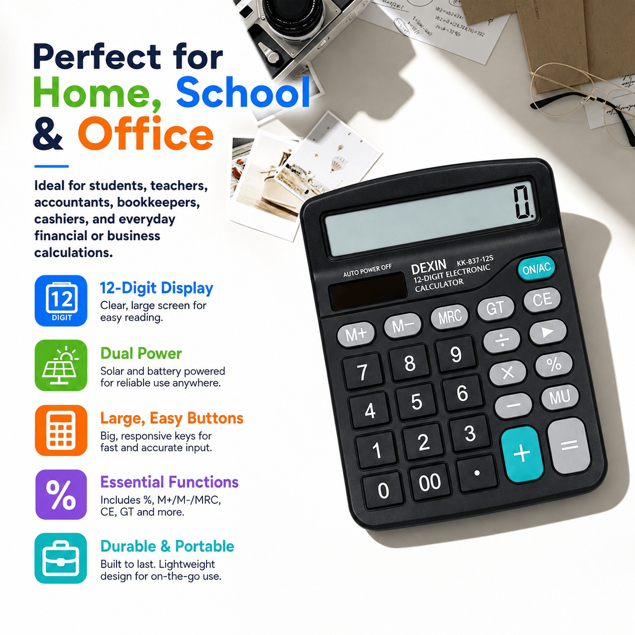 12-Digit Desktop Calculator - Dual Power Solar & Battery