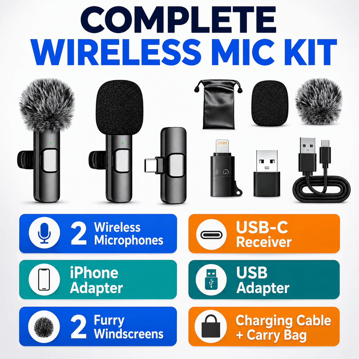 Dual Wireless Lavalier Microphone Set - 2 Clip-On Mics with Noise Reduction