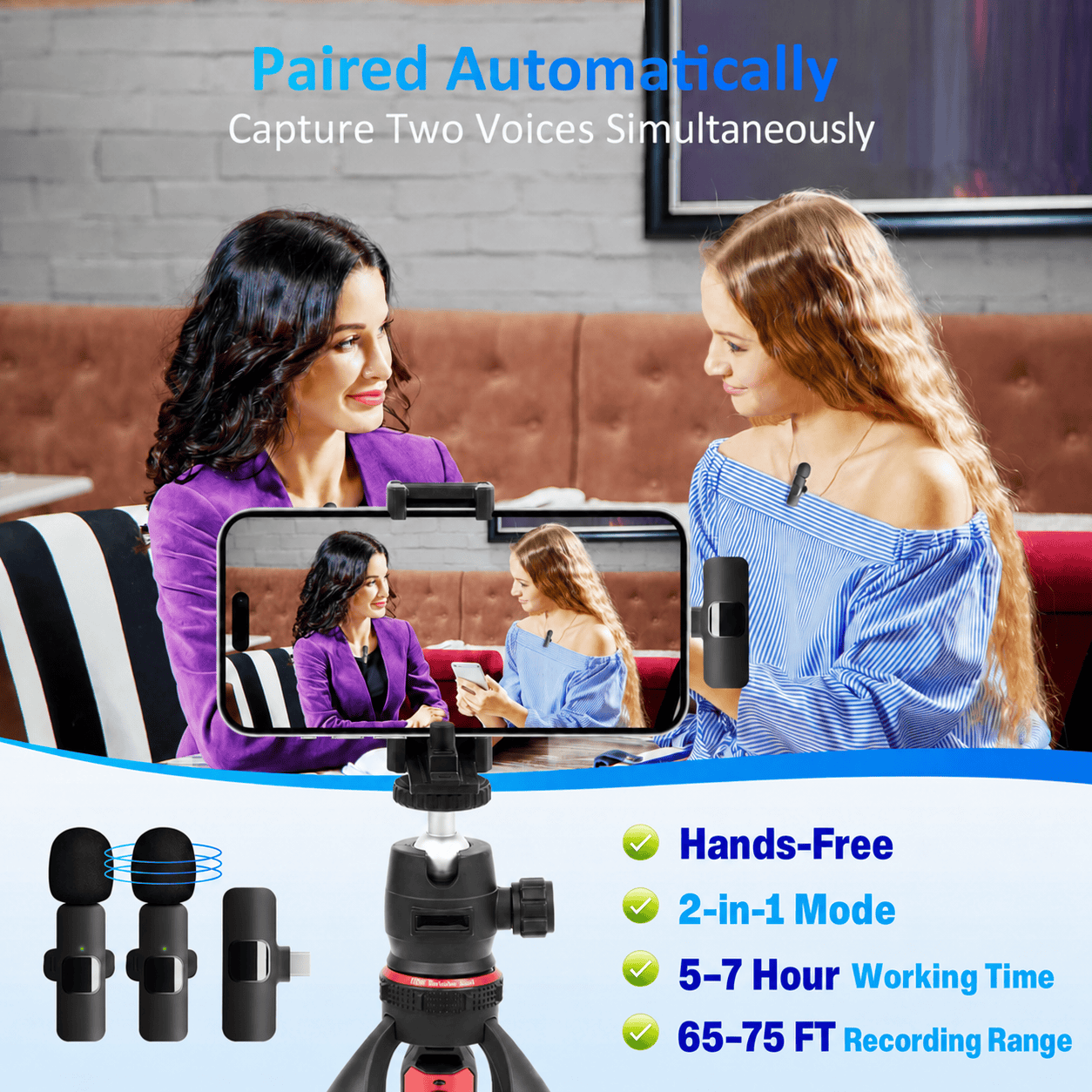 Dual Wireless Lavalier Microphone Set - 2 Clip-On Mics with Noise Reduction