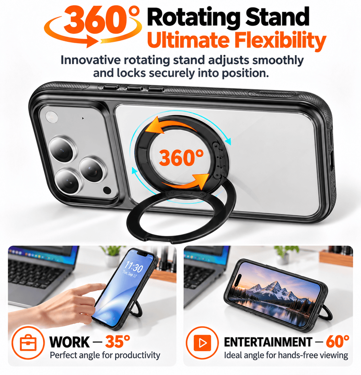 iPhone 18 Pro Clear Case - MagSafe, Shockproof, with 360° Ring Stand