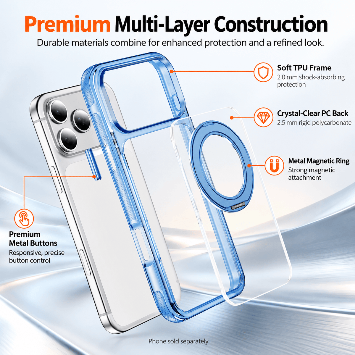 iPhone 18 Pro Clear Case - MagSafe, Shockproof, with 360° Ring Stand