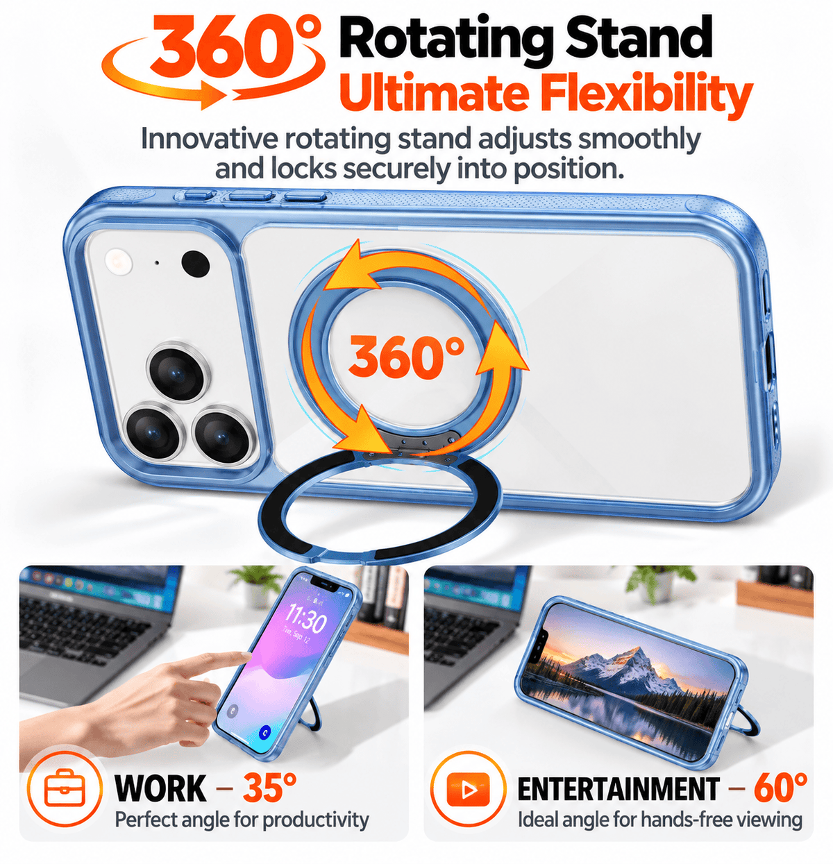 iPhone 18 Pro Clear Case - MagSafe, Shockproof, with 360° Ring Stand