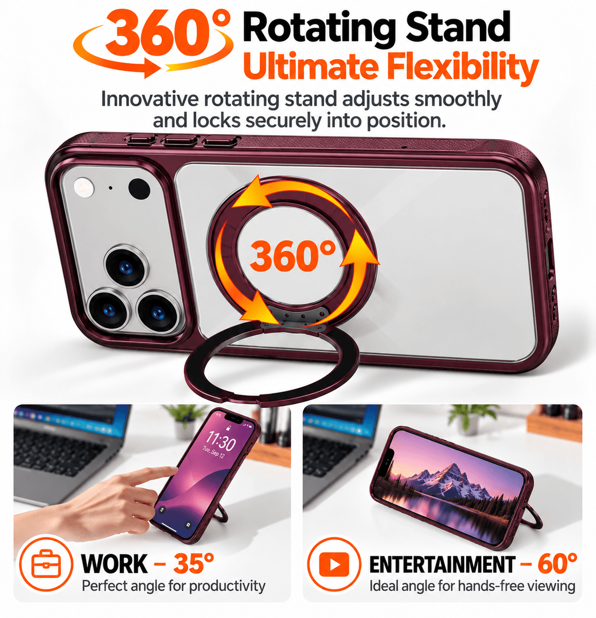 iPhone 18 Pro Clear Case - MagSafe, Shockproof, with 360° Ring Stand