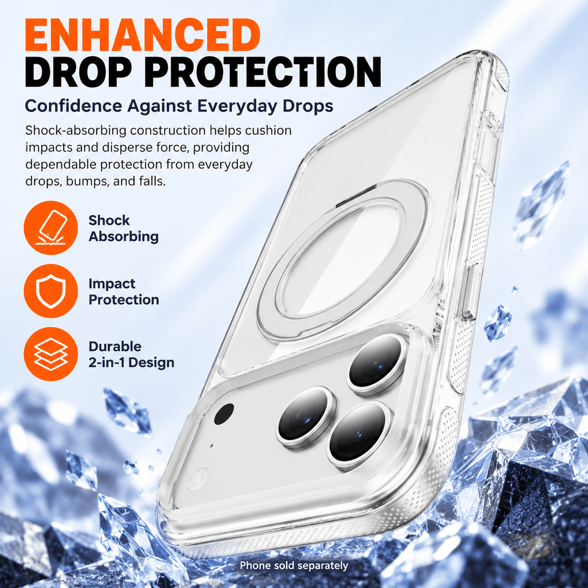 iPhone 18 Pro Clear Case - MagSafe, Shockproof, with 360° Ring Stand