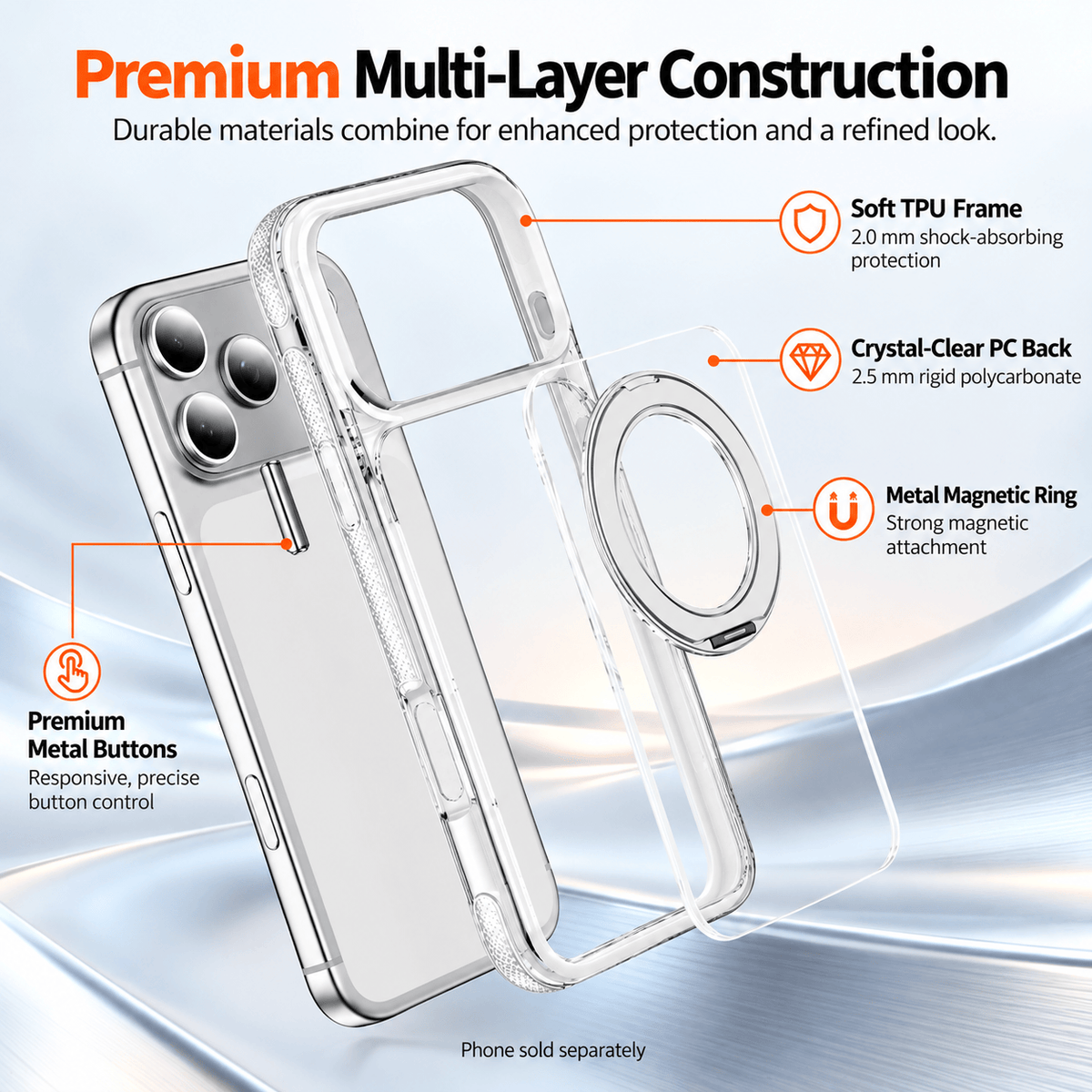 iPhone 18 Pro Clear Case - MagSafe, Shockproof, with 360° Ring Stand