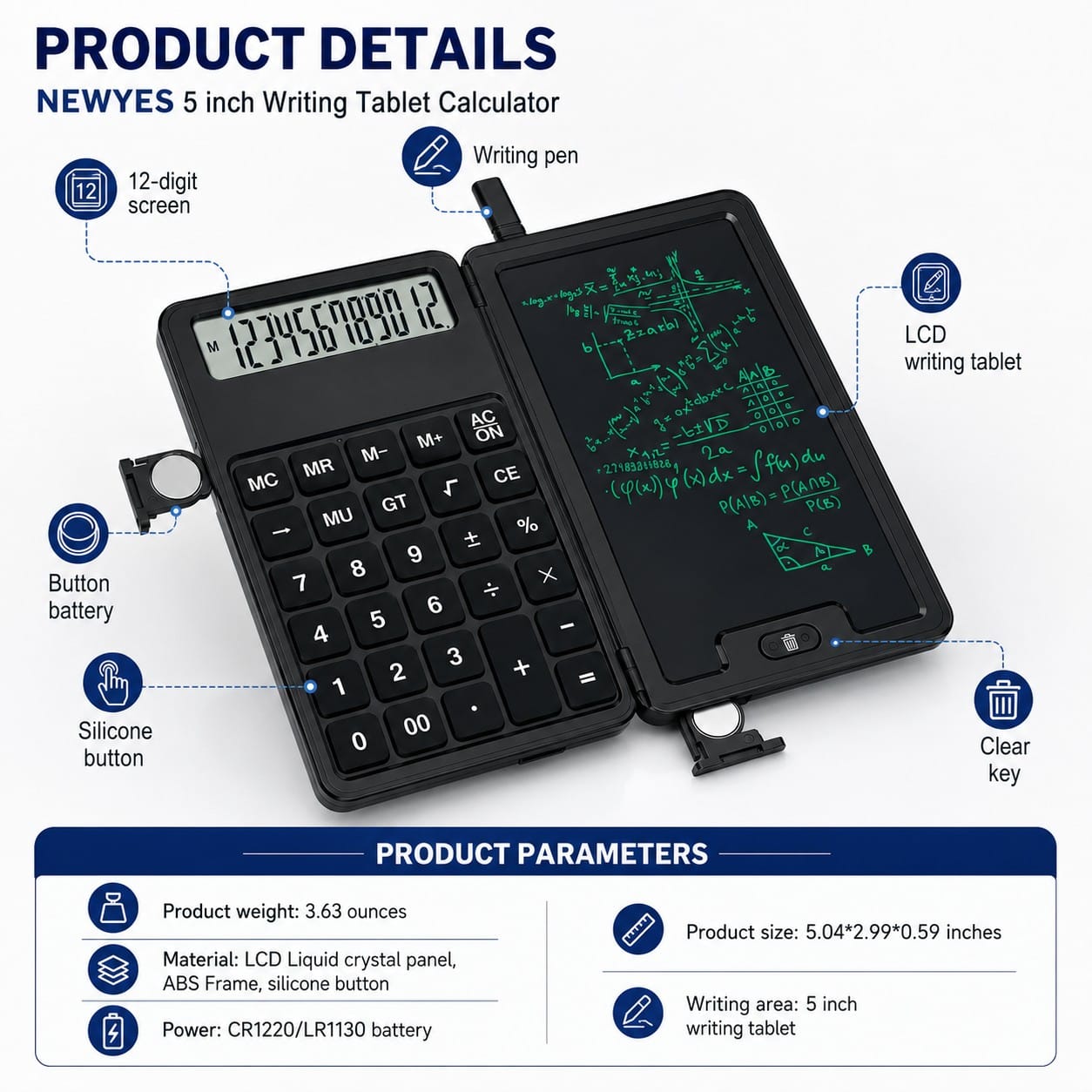 Sahara Scientific Calculator with 5-Inch LCD Writing Tablet - 12-Digit Foldable Design