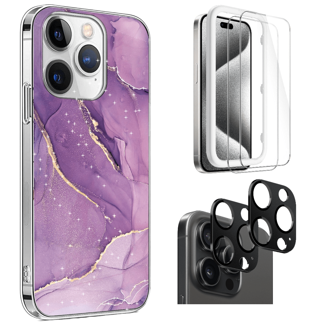 Protection Kit Bundle - Purple Marble Case with Tempered Glass Screen and Camera Protector for iPhone 15 Pro Max